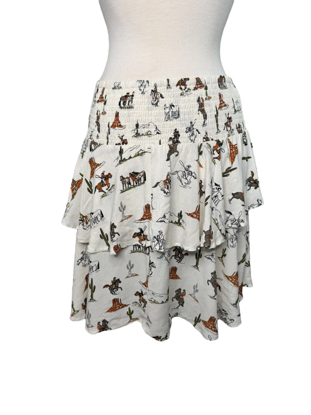 ARIAT *NEW* HiLo Jordan Skirt Sz Large Cowgirl Western Print Ivory Smocked Linen - Picture 1 of 9